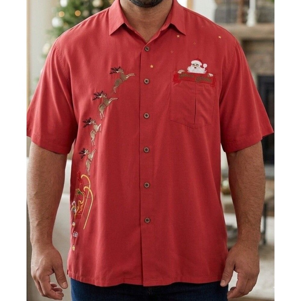 Bamboo Cay Men's Peekaboo Santa Embroidered Christmas Theme Shirt Size Large